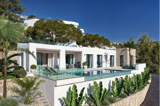 Villa in Calpe zu verkaufen, Woongedeelte 217 m², Bouwjaar 2025, Klimaanlage, Grondstuk 1001 m², 4 Slaapkamers, 3 Badkamers, Pool, ref.: AM-12434DA-1