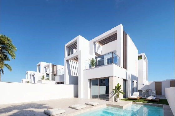 Eck-Reihenhaus in Los Alcazares zu verkaufen, Woongedeelte 146 m², Zustand Erstbezug, Klimaanlage, Grondstuk 177 m², 3 Slaapkamers, 2 Badkamers, Pool, ref.: HA-LAN-480-Q01-1